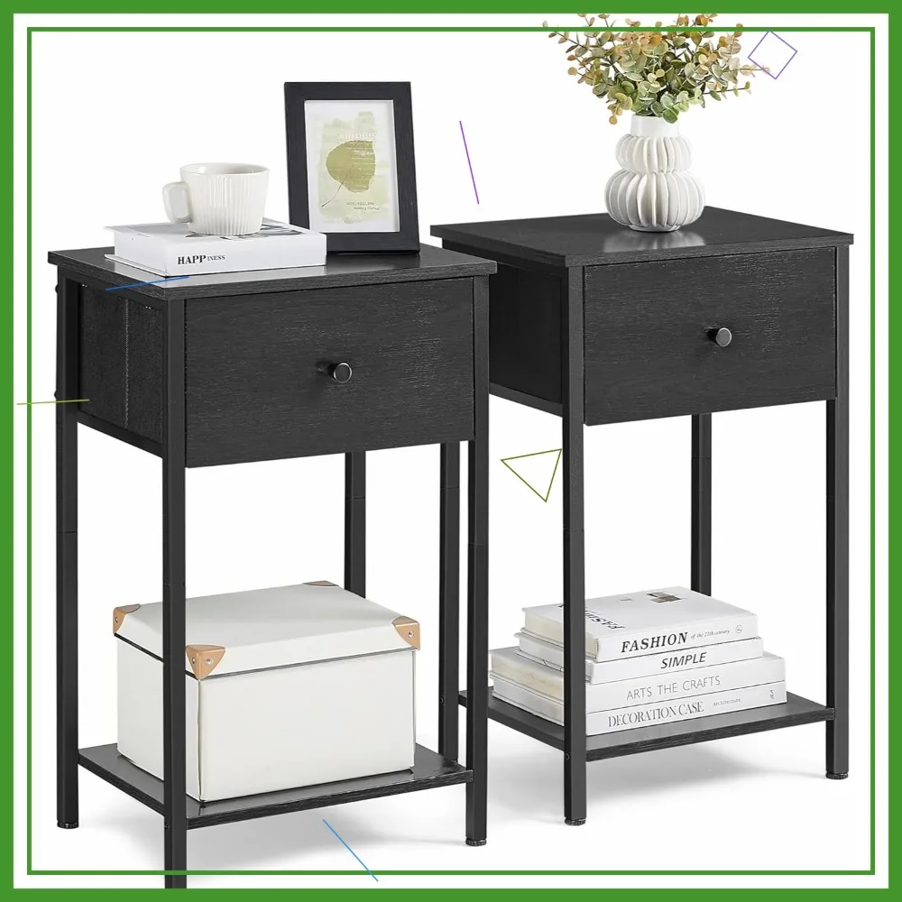 

2-Piece Nightstand Set with Fabric Drawer, 24-Inch Tall End Table with Storage Shelf for Bedroom, Black