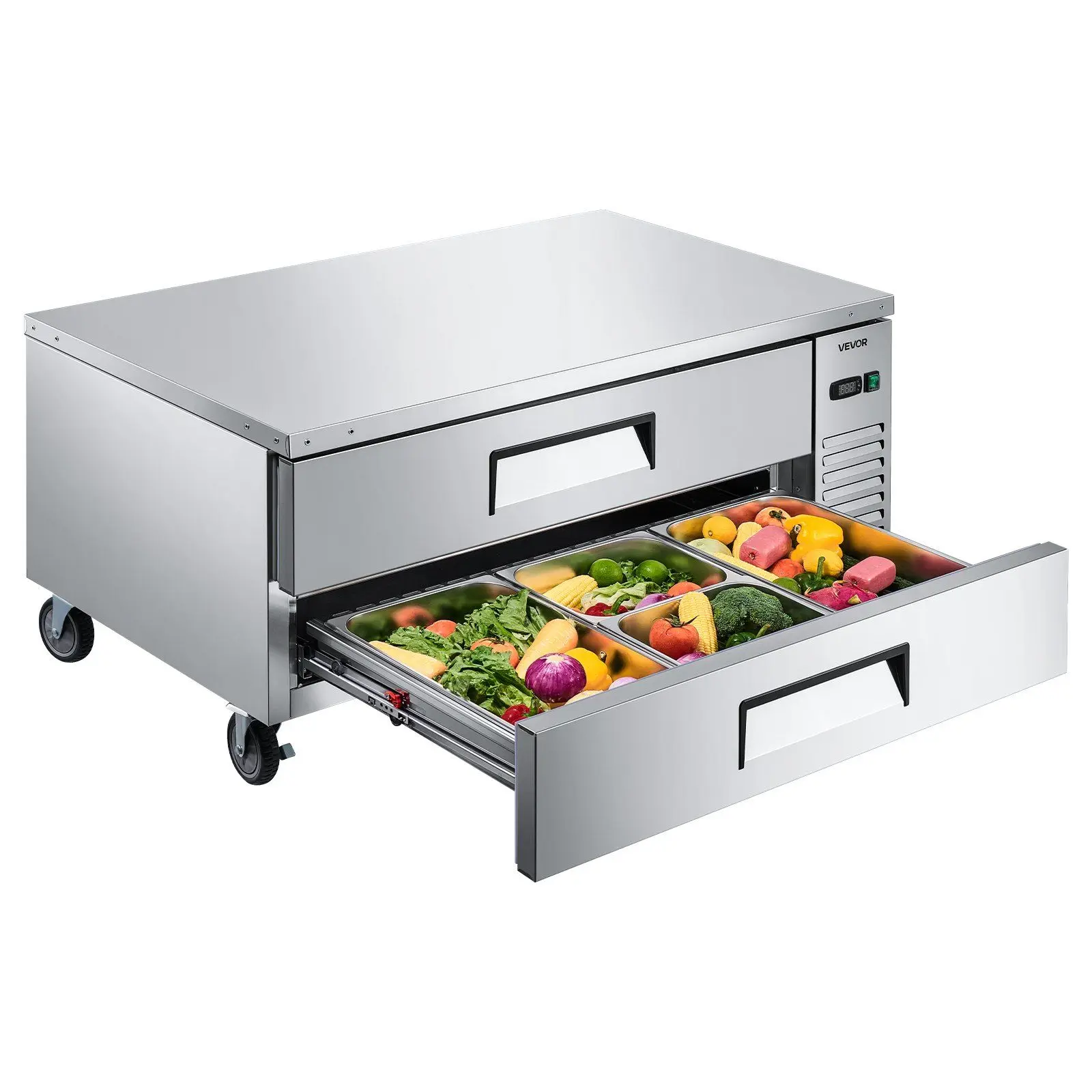 

52\" W Commercial Kitchen Refrigeration Equipment Heavy-Duty 2-Drawer Counter Fridge 8 Pans Stainless Steel Refrigerator