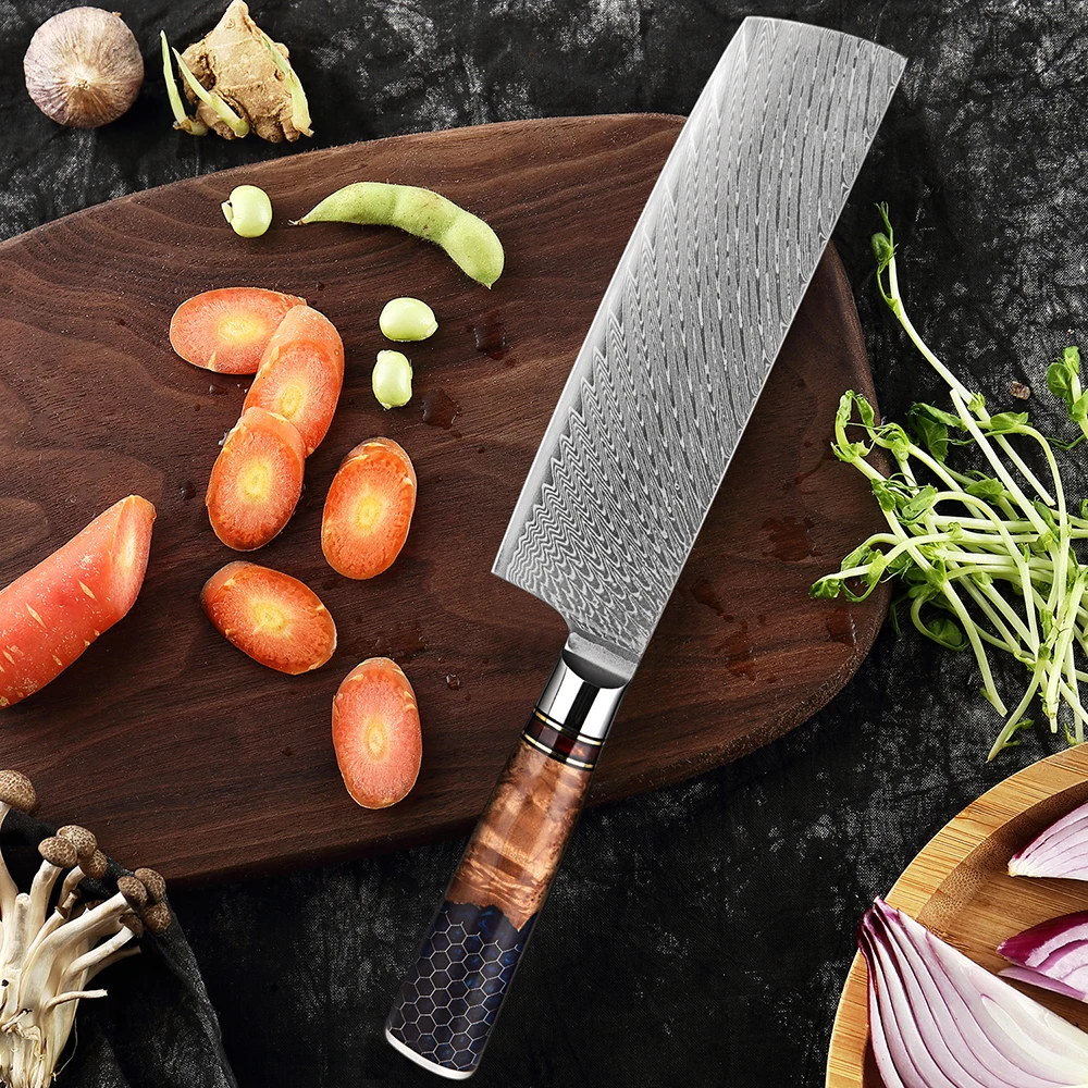 Japanese Nakiri Knife,7 Inch VG10 Damascus Steel 67 Layers Ultra Sharp Kitchen Knife Meat Slicing Vegetable and Fruit Knife