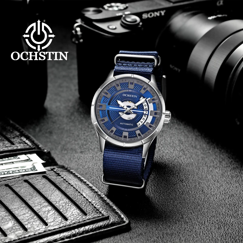 OCHSTIN Fully Automatic Mechanical Movement Watches Leather Strap Creative Nylon Series Mineral Hardened Glass Waterproof Watch