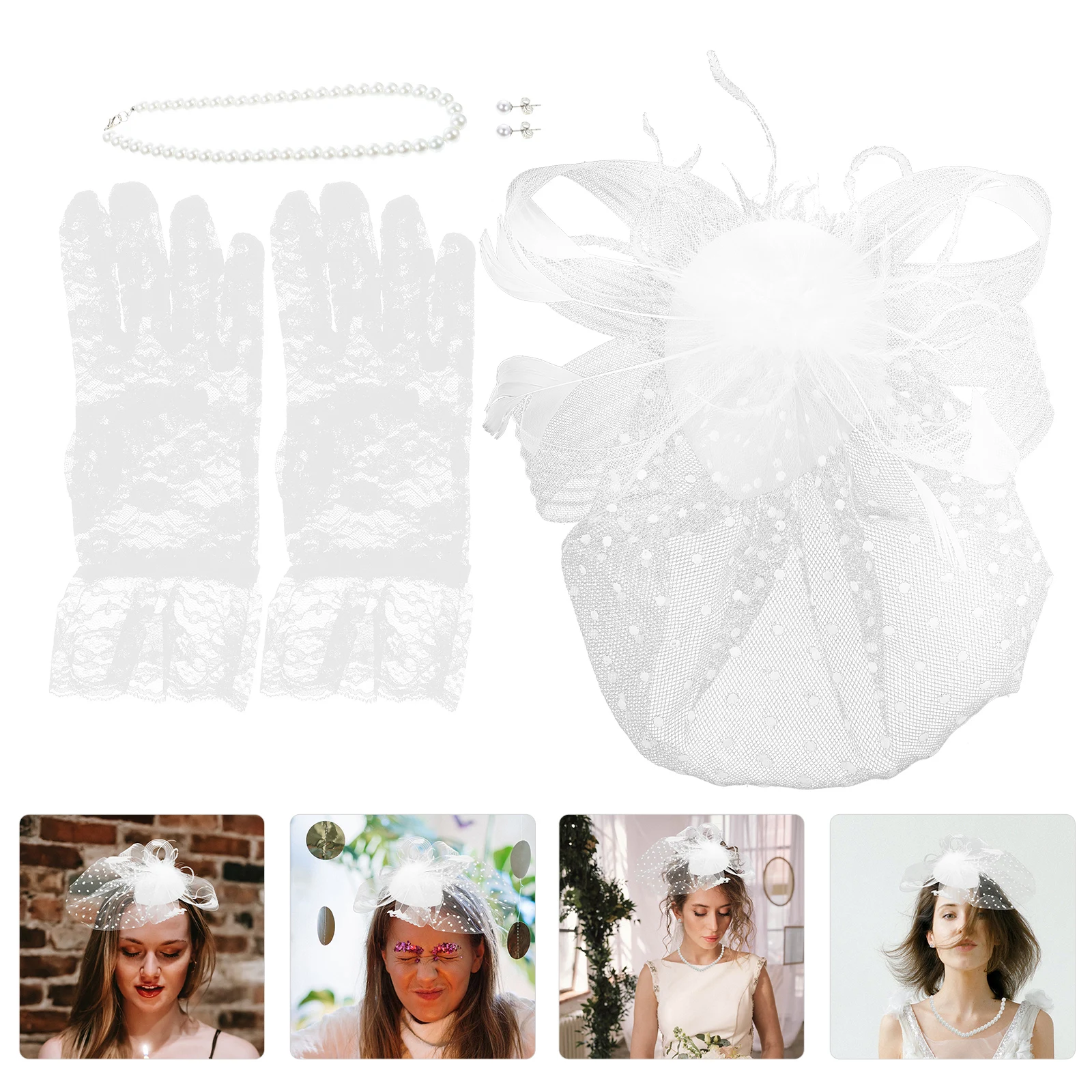 

Bride Headdress Mesh Headb Hair Accessory Kit Gauze Hairpin Banquet Headwear Party Gloves Pearl Necklace Earrings Ear