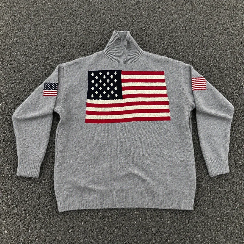 

Y2K Street Fashion Flag Jacquard Sweater Men's and Women's Loose Lazy Style Knitted Sweater High Street Hip Hop Warm Sweater