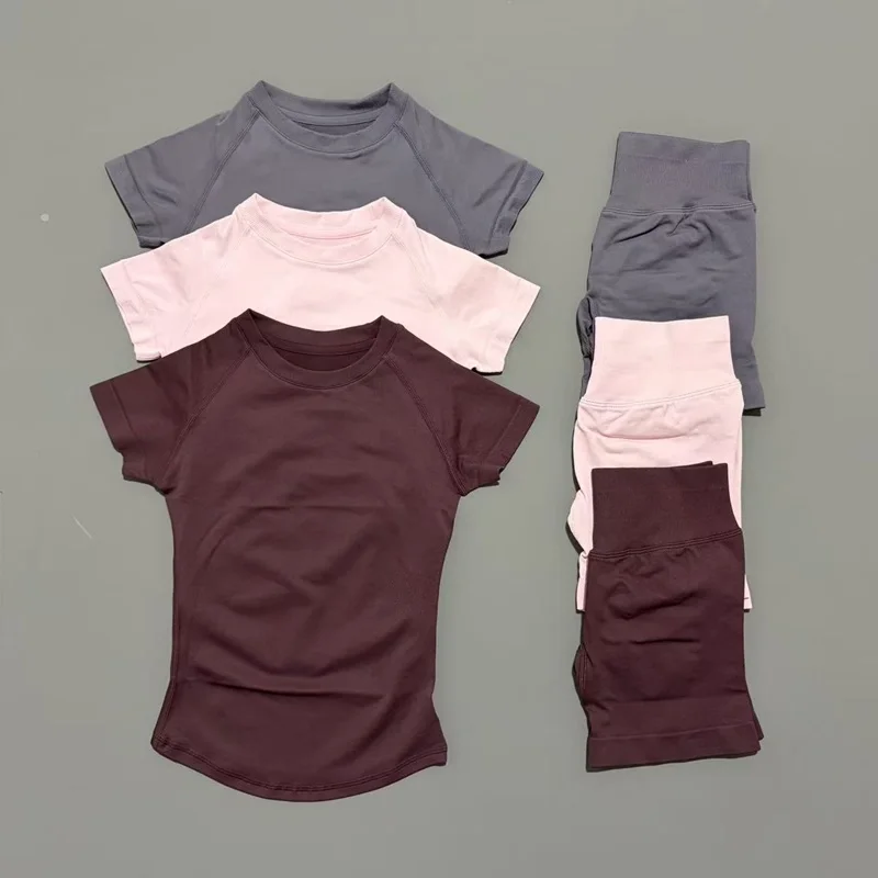 Ensemble de sport 2 pièces HISTELLO Df couleur unie, tenue de yoga sans couture à manches courtes po