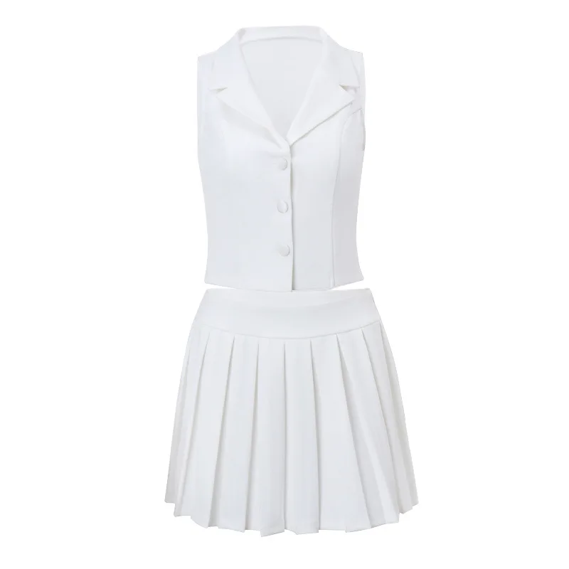 Spring New Product Sexy White Deep V-neck Single Breasted Sleeveless Temperament Vest Pure Desire Slim Mini Pleated Skirt Set