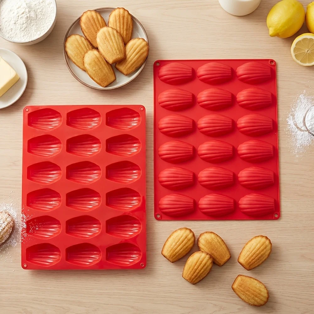 1 Pack Silicone Madeleine Pans for Baking, 18 Cavity Heavy Duty Shell Shape Silicone Baking Mold Cookie Cake Pan (Brick Red)
