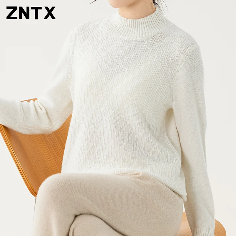 ZNTX New turtleneck pure cashmere sweater women's thick striped jacquard high-grade casual style bottom coat winter warm sweater