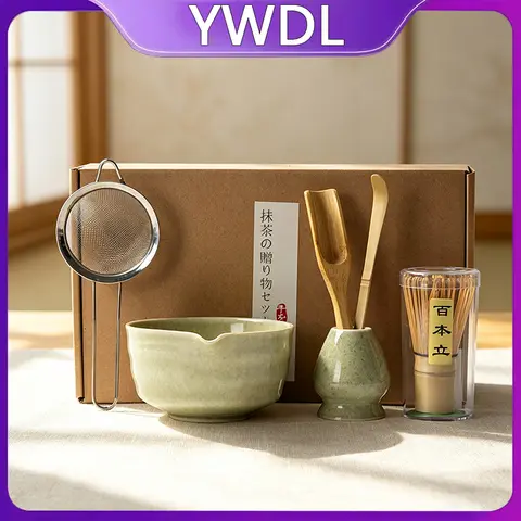 YWDL 6pcs Japanese Matcha Tea Set Ceramic Bowl with Spout 100 Prongs Bamboo Whisk Chasen Holder Sifter Sage Green Gift Box