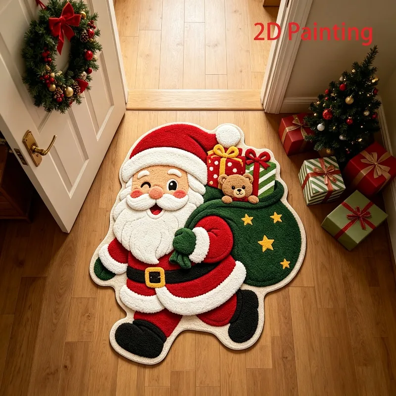 Cute Cartoon Santa Claus Shaped Rug Christmas Themed Decor Entryway Hallway Floor Mat Soft Fluffy Carpet for Bedroom Bedside
