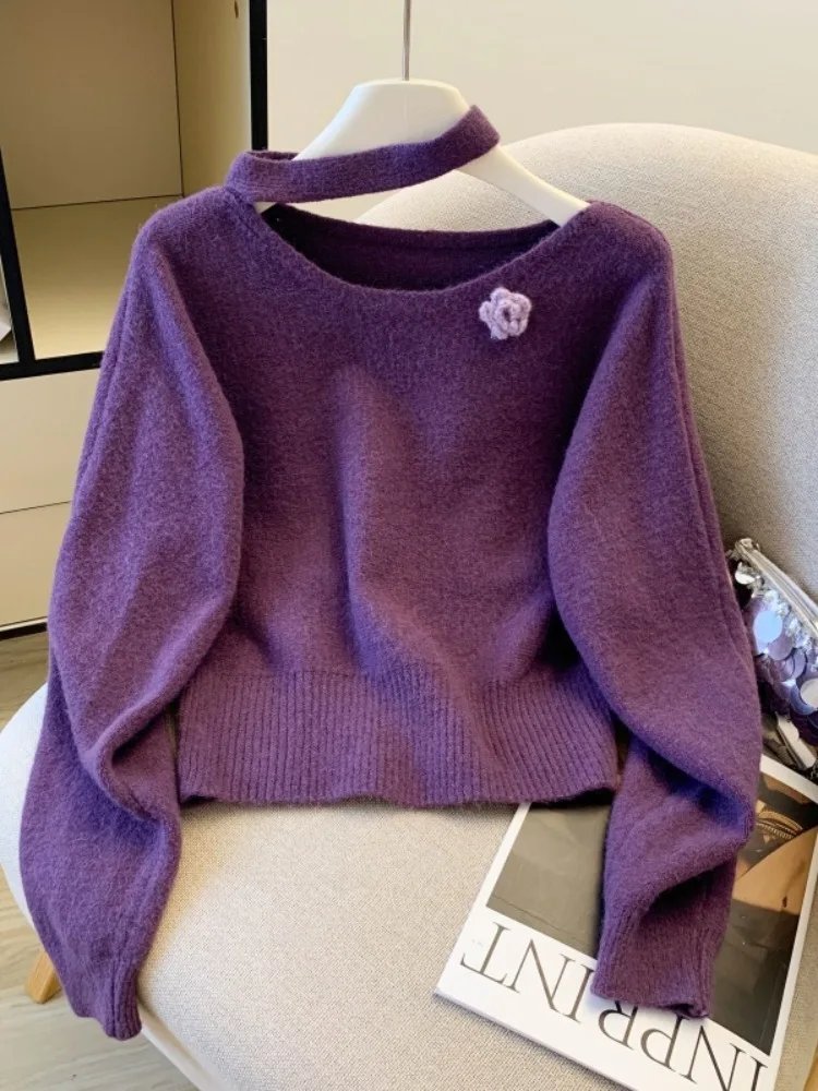 Maglione da donna con design coreano lavorato a maglia con fiori, vestibilità ampia, lungo, con nodo sveglio, ci walk, abbigliamento interno