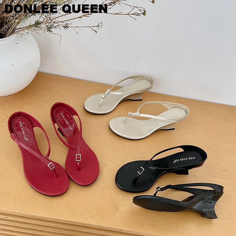 

Fashion Wedges Heels Clip Toe Flip Flops Slippers Women Casual Slides French Vintage High Heels Flip Flops Narrow Band Sandals