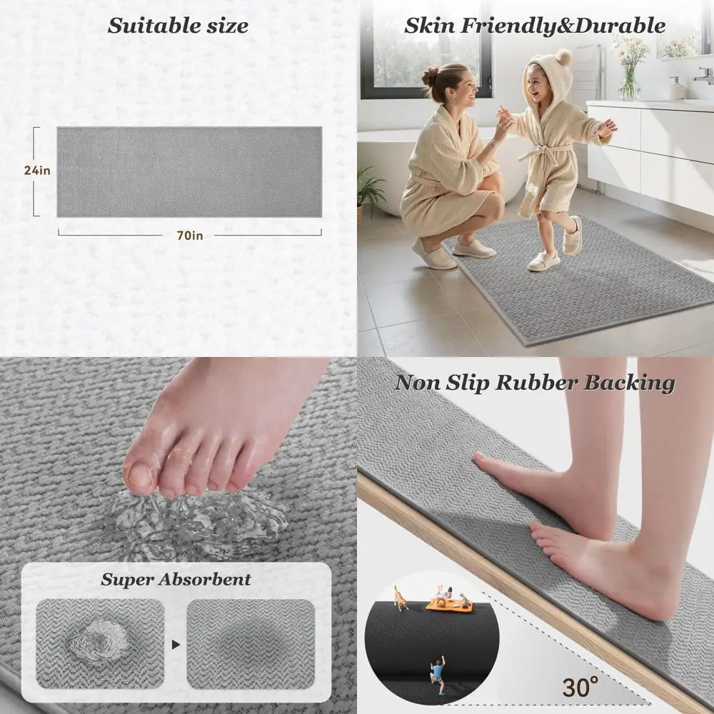 

Light Grey 24x70 Super Absorbent Thin Bath Mat with Quick Dry Rubber Backing and Non-Slip Chenille Surface
