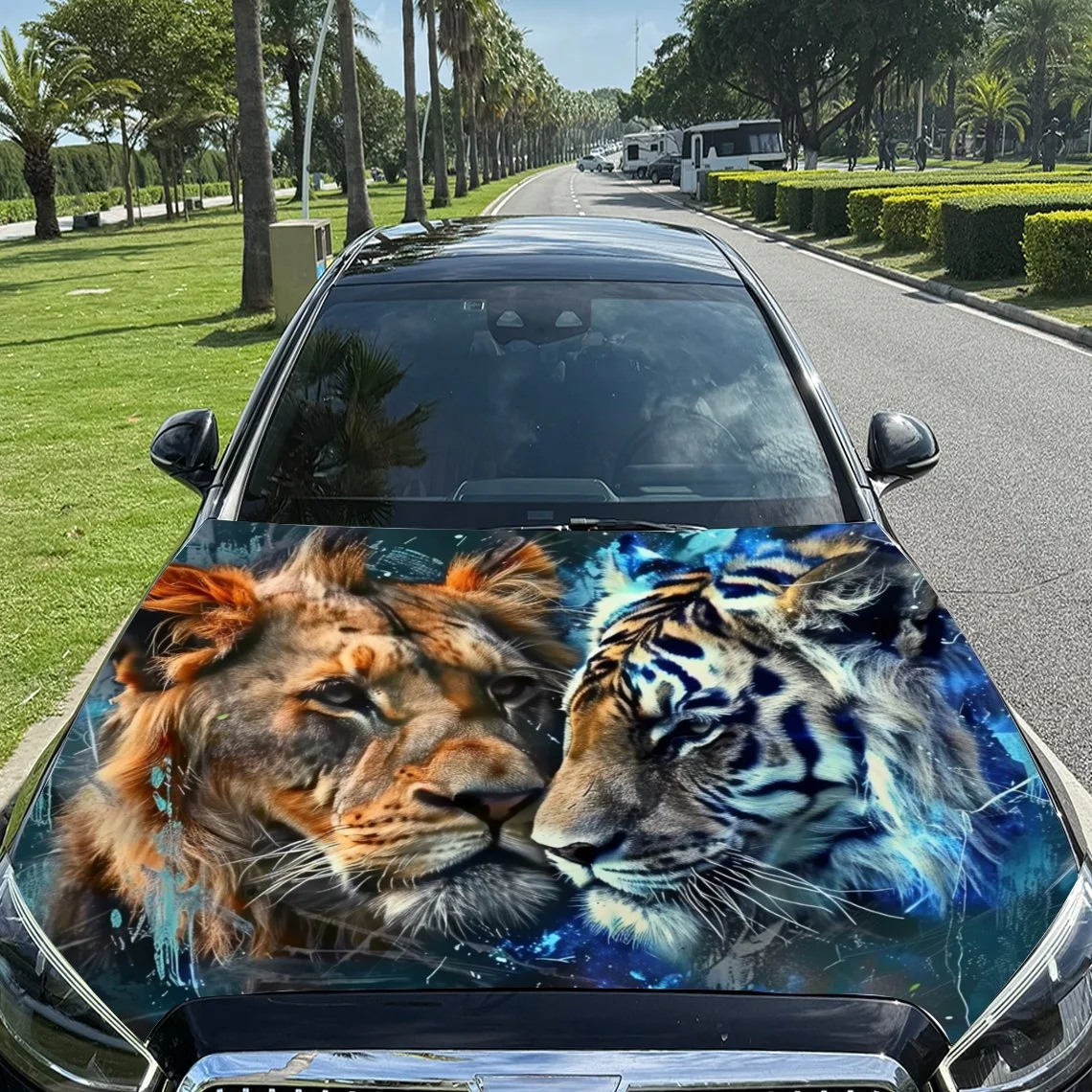 Vibrant lion and tiger design on car hood, featuring bold colors and dynamic brushstrokes for a striking visual impact.