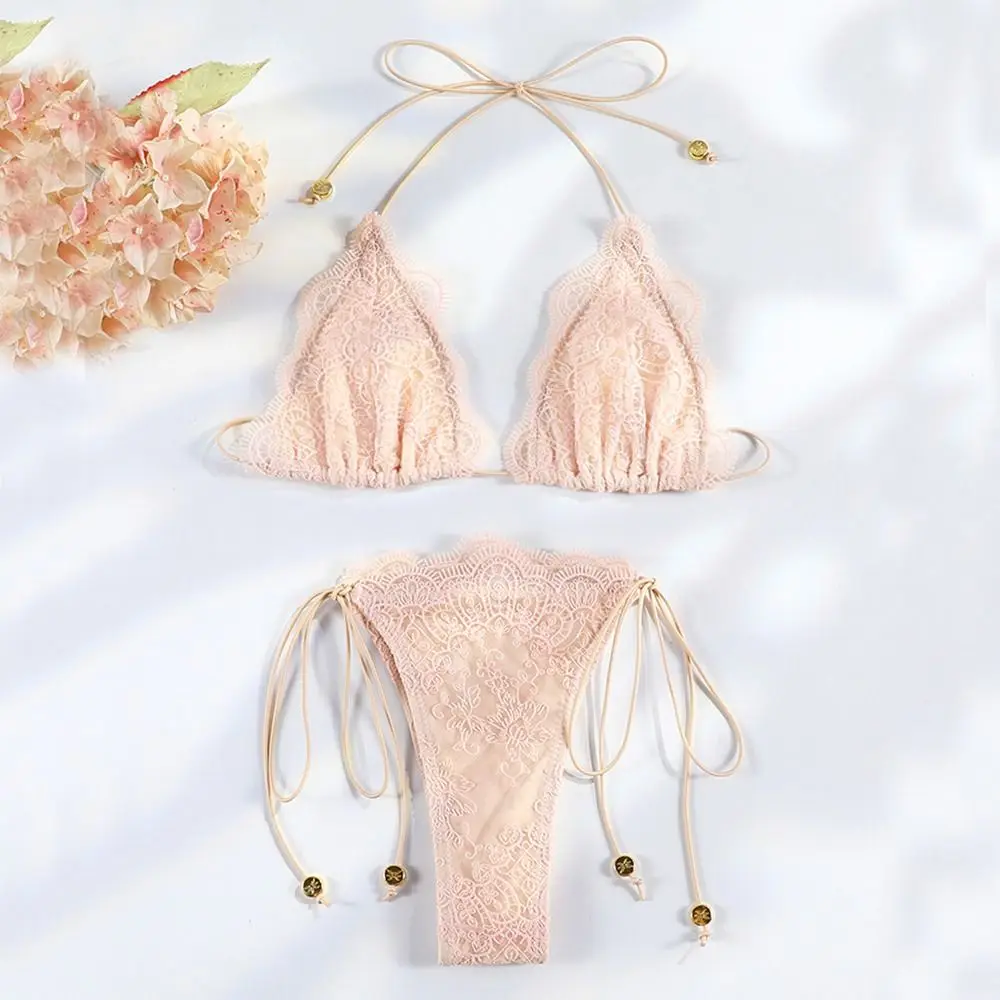 2-teiliges Set Modischer Sommer-Spitzen-Bikini mit Hohlmuster-Patchwork, Dreieck-Bademode, Lässiger Bandage-Badeanzug für den Strand
