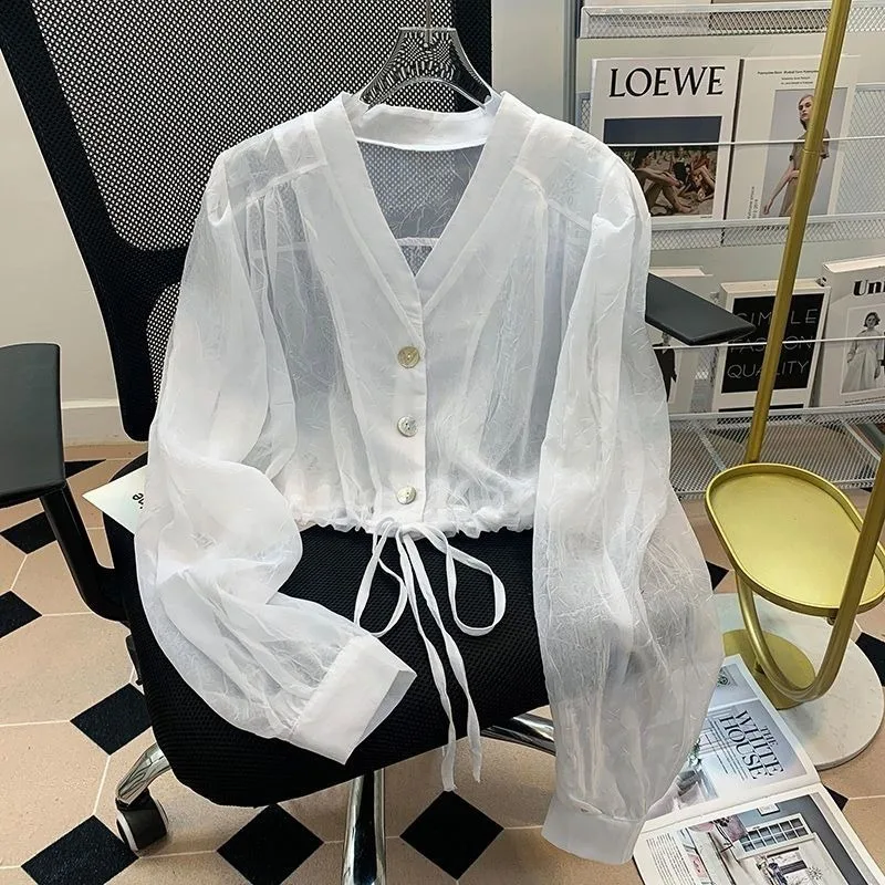 

Модный и универсальный женский тонкий топ с v-образным вырезом на пуговицах в корейском стиле и фонариком с длинными рукавами