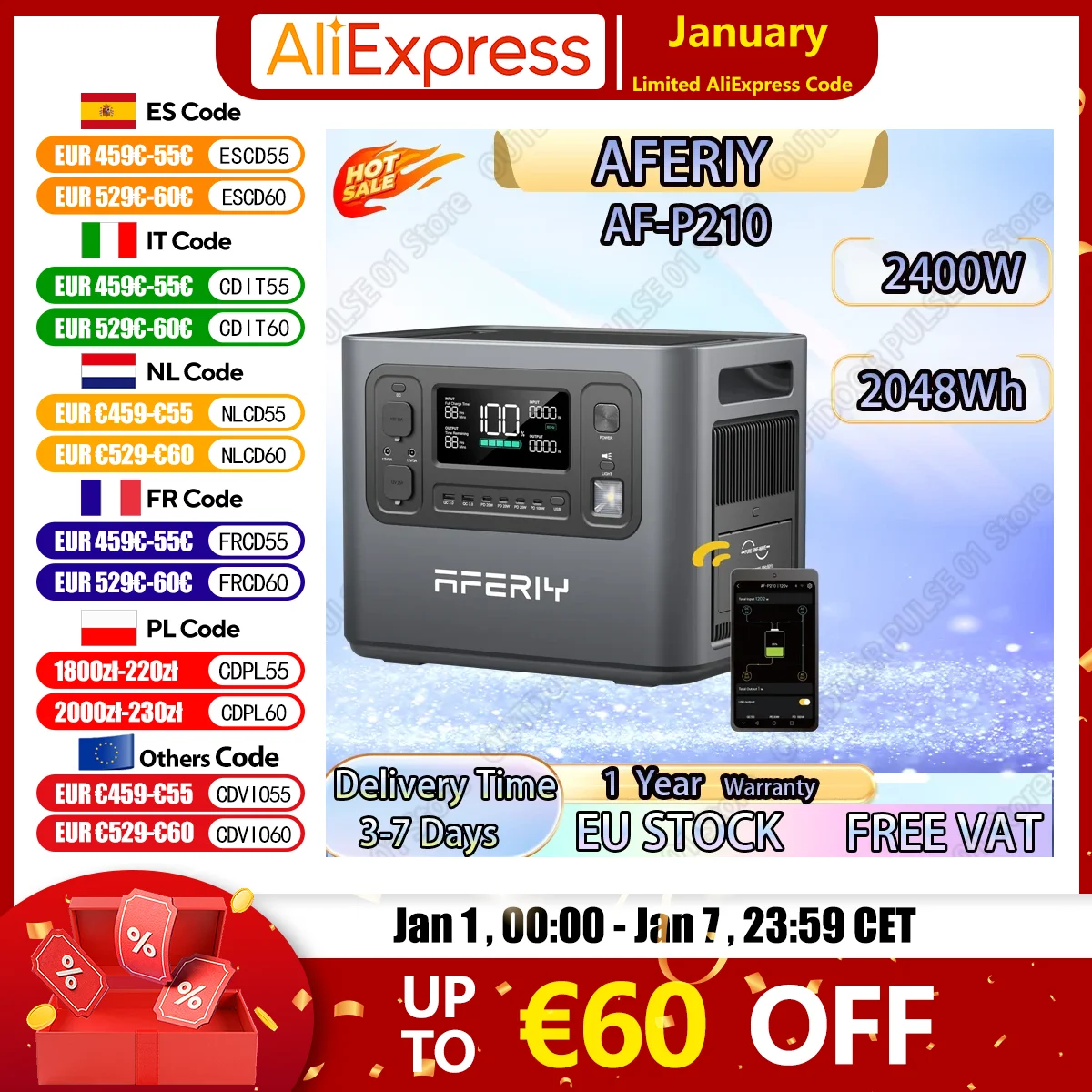 AF-P210 centrale électrique Portable 2400W générateur solaire 2048Wh LiFePO4 batterie de secours à domicile Camping en plein air puissance Mobile