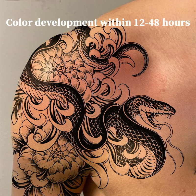 Fake Tattoo Temporary Tattoos Vintage Black‑and‑White Serpent With Blossom Herbal Juice Sticker Toys for the Best Adolescents