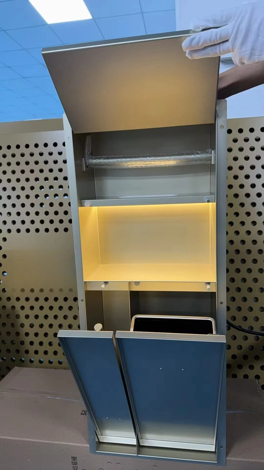 Concealed  LED Light Waste Bin for Bathroom or Hotel Invisible Hidden Trash Can with Niche for Toilet Brush & Tissue Box