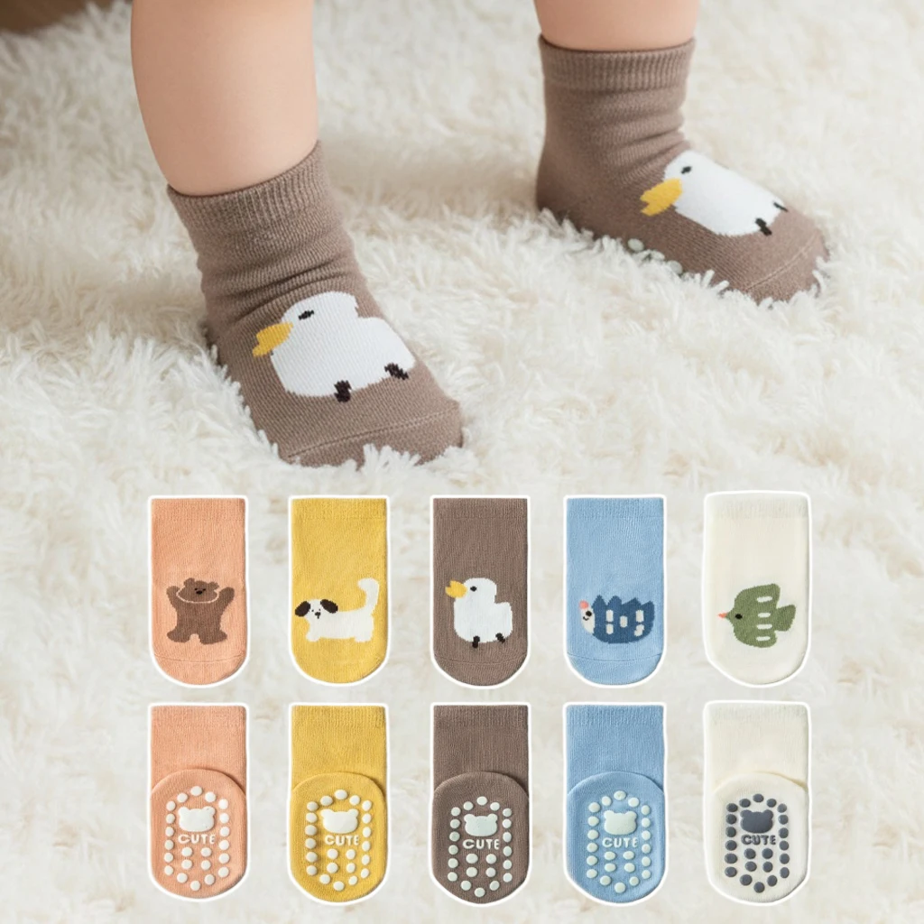 5 Pairs Cute Cartoon-Patterned Anti-Slip Adhesive Kid's Socks Featuring Bear, Puppy Designs, Suitable for Baby Learning to Walk