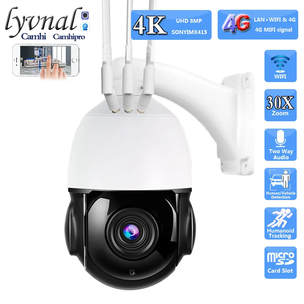 3G 4G SIM Card UHD 4K 8MP Sony415 Wireless IP Camera Wifi PTZ Dome 30X Auto Zoom Human Tracking Waterproof Two Way Audio IR 80M