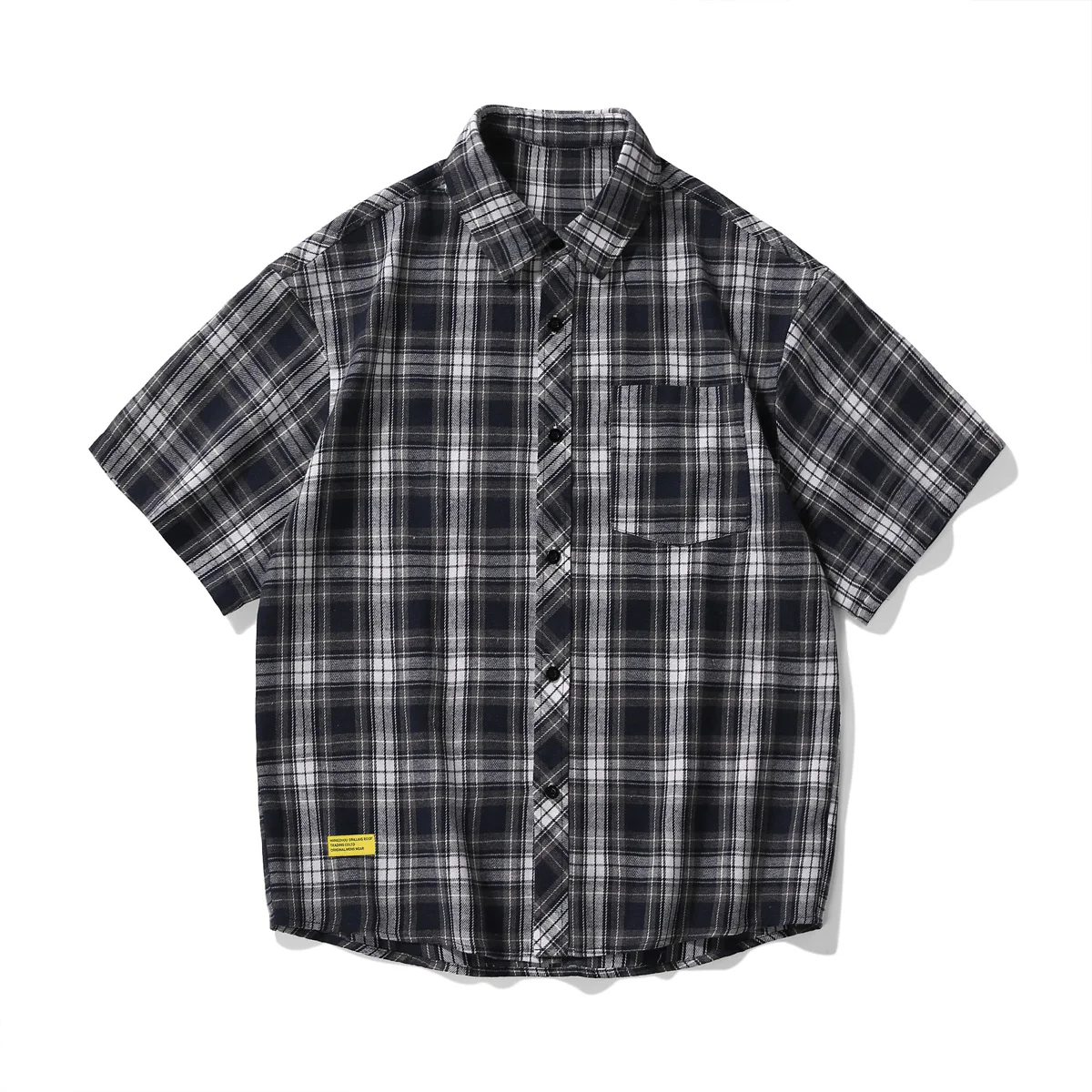 

Vintage Plaid Shirt Men's Summer Korean Contrast Color Lazy Sleeve Loose Casual Top for Couples Pure Cotton Half Sleeve Shirt