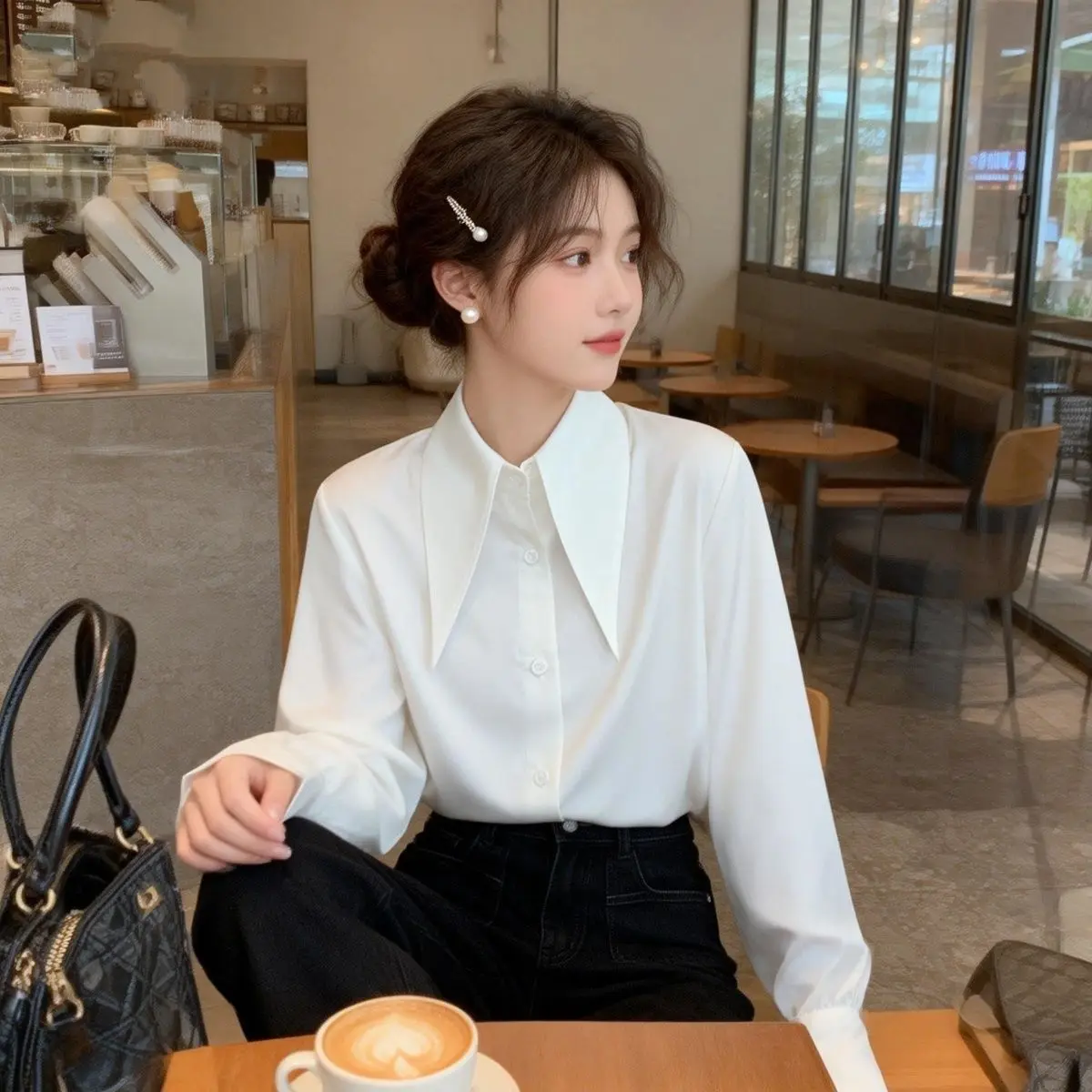 

Женская блузка Ele: весенне-осенняя, гладкая, с воротником-стойкой, белая, модная, свободного кроя, с длинными рукавами