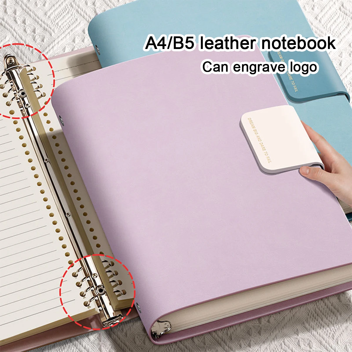 (Can Engrave Logo) A4/B5 Buckle Student Subject Leather Notebook, Business Loose-leaf Notepad, Diary, Meeting Record Book,