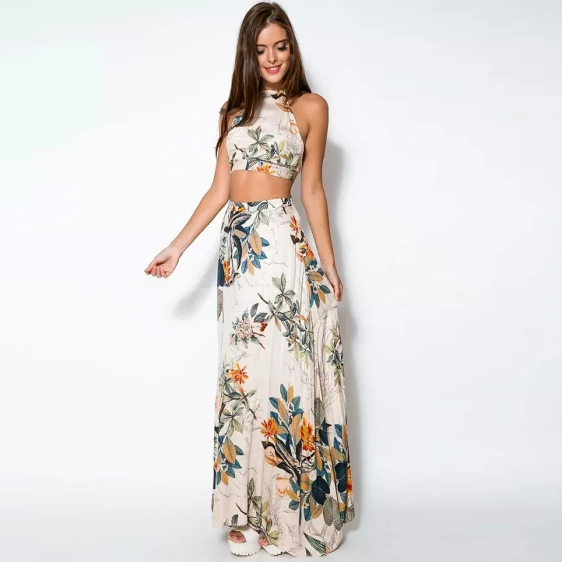 Women's Summer Strap Hanging Neck Bra+Half length Floor Sweeping Long Dress Sexy Fashion Two Piece Set