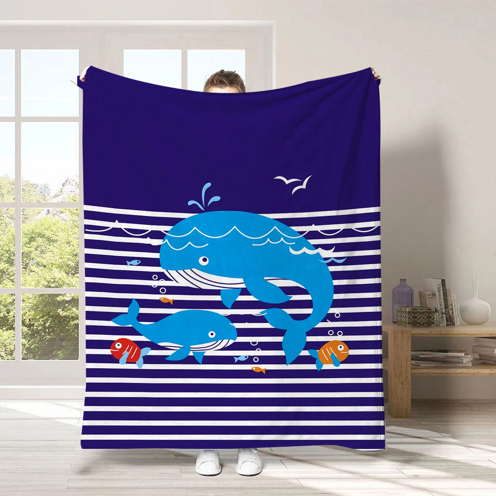 Cute Whale & Fish Beach Towel Navy Striped Print Quick Dry Absorbent Towel for Women Girls