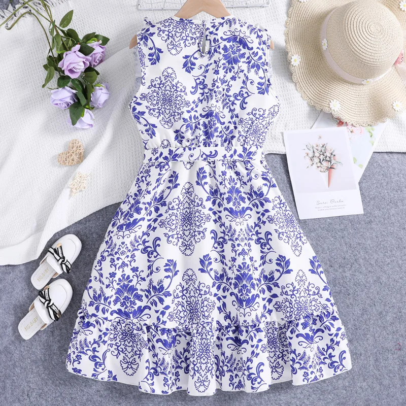 Summer Girls Designed Classic Vintage Blue Retro Printed Dress Princess Girl Dress Elegant Daily Casual Cute Floral Print Dress