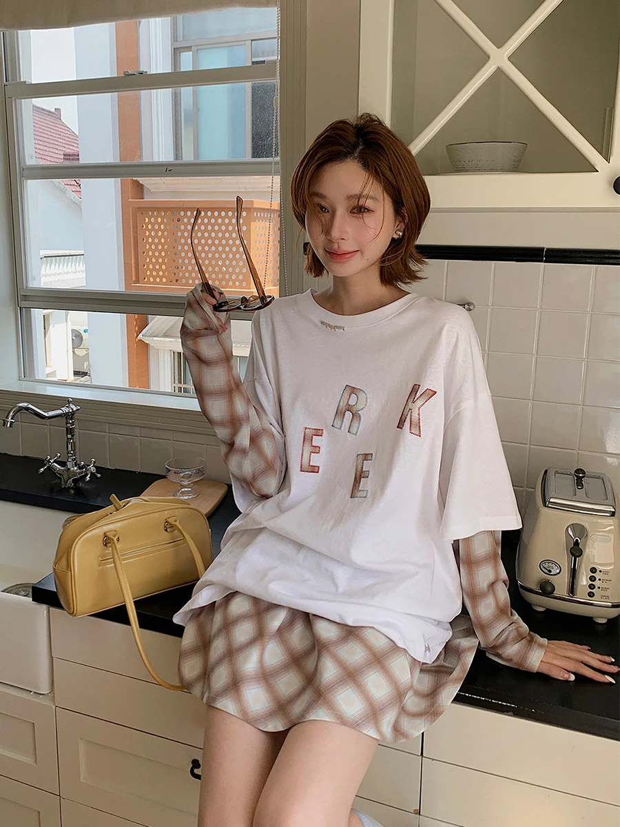 

Brand Patchwork Long Sleeve T-Shirt Commute Style Simple Casual Loose Fit Cotton Hemp Blend Summer Women's Top