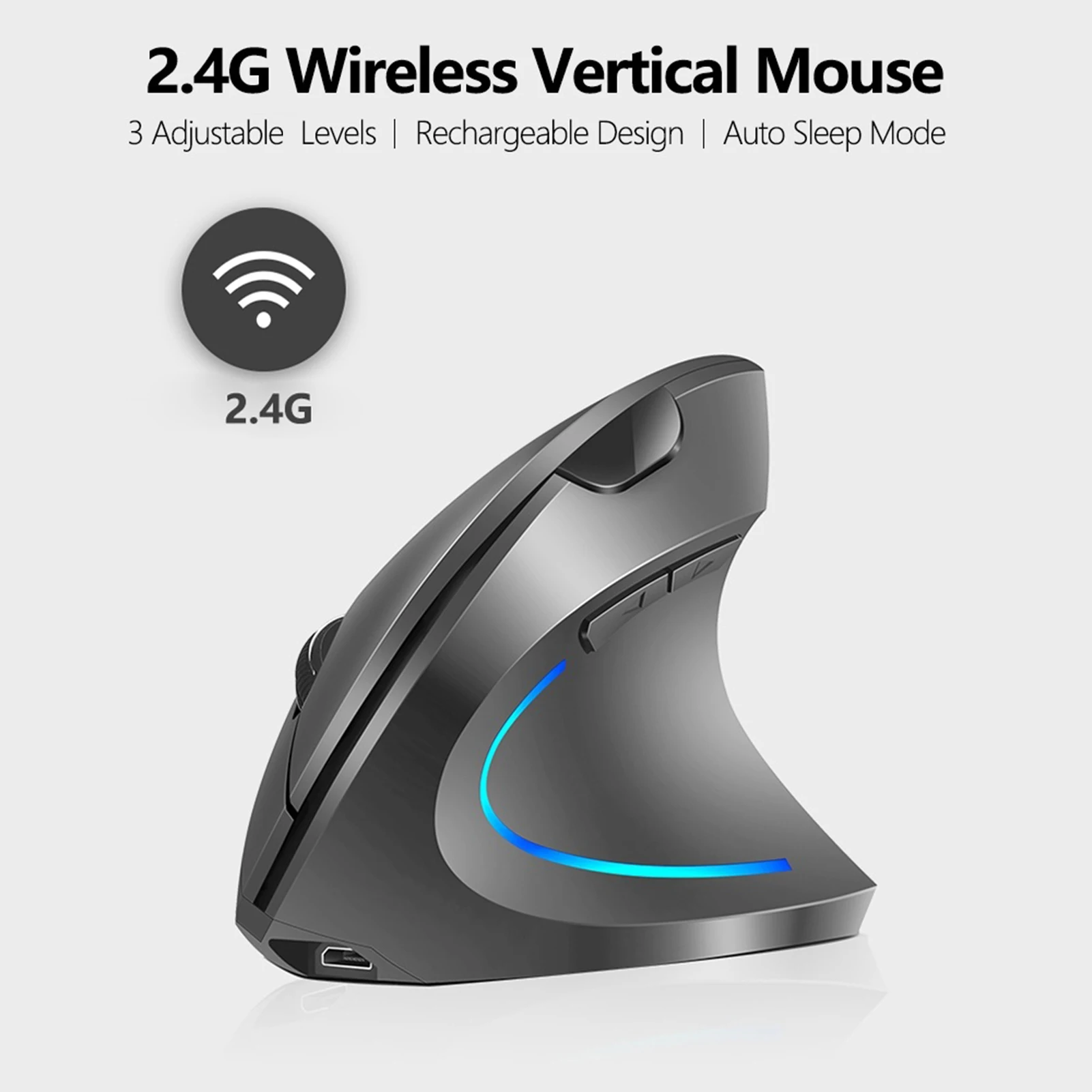 2.4G Wireless Vertical Mouse Rechargeable Upright Ergonomic Mouse 3 Adjustable movement speed Levels RGB Flowing Light Plug N Pl