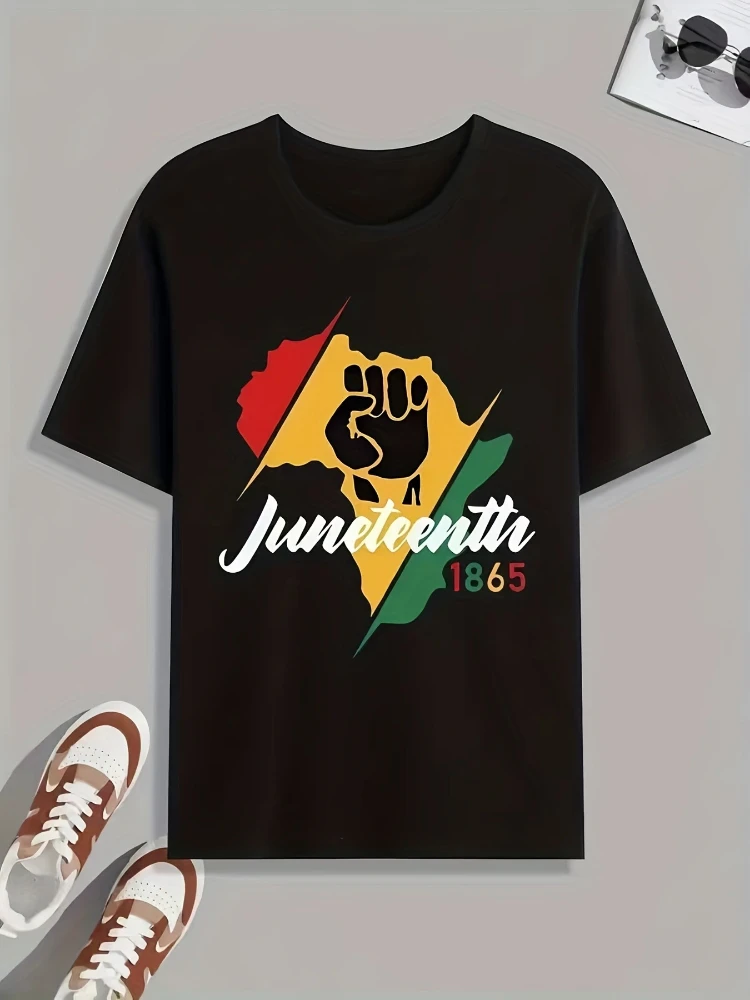 

JUNETEENTH pattern design -100% cotton summer O-neck short sleeve casual printed men's T-shirt.