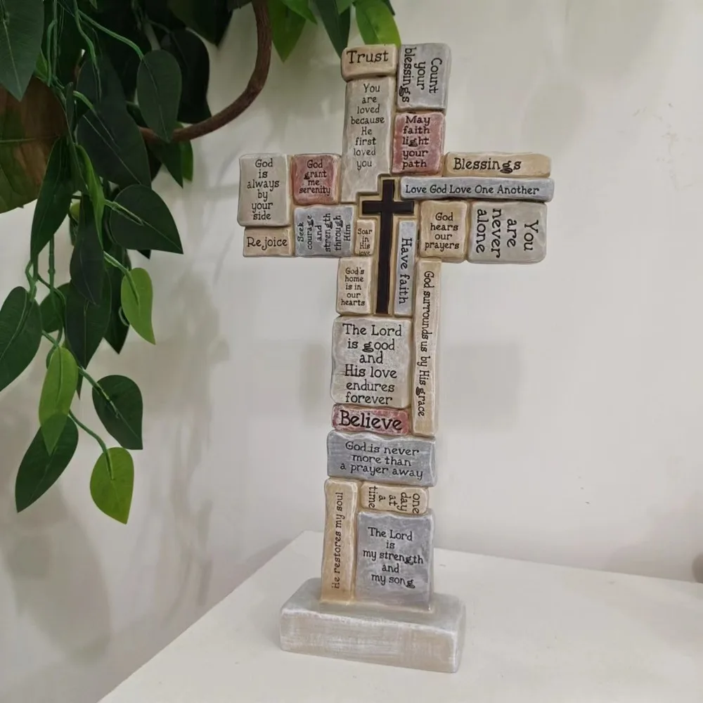

Elegant Christian Cross Statue Funny Handmade Cross Prayer Sculpture Resin Craft Cross Desktop Ornament Christmas Decor