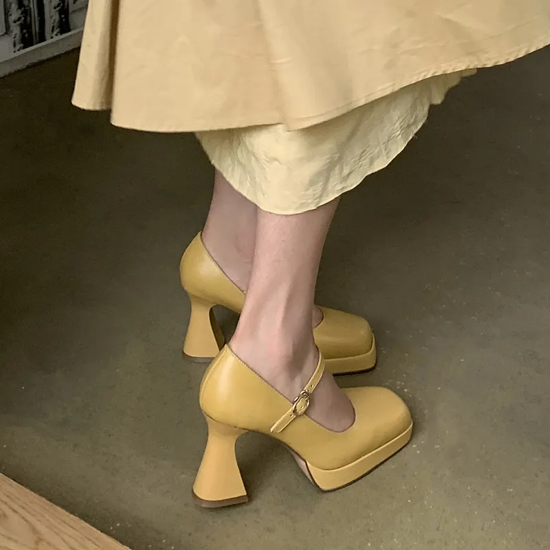 

Women Dress Pumps Shoes On Heels 9 CM Square Toe Women Pumps Buckle Strap French Style Mary Jane Fashion Woman Platforma Shoes
