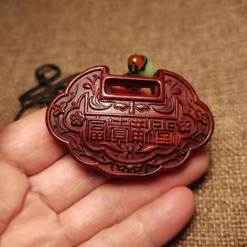 Indian Leafy Rosewood Carving Handle Piece Rich Full Lock Pendant Pendant Necklace Children's Safe Ruyi Lock Solid Wood Pendant