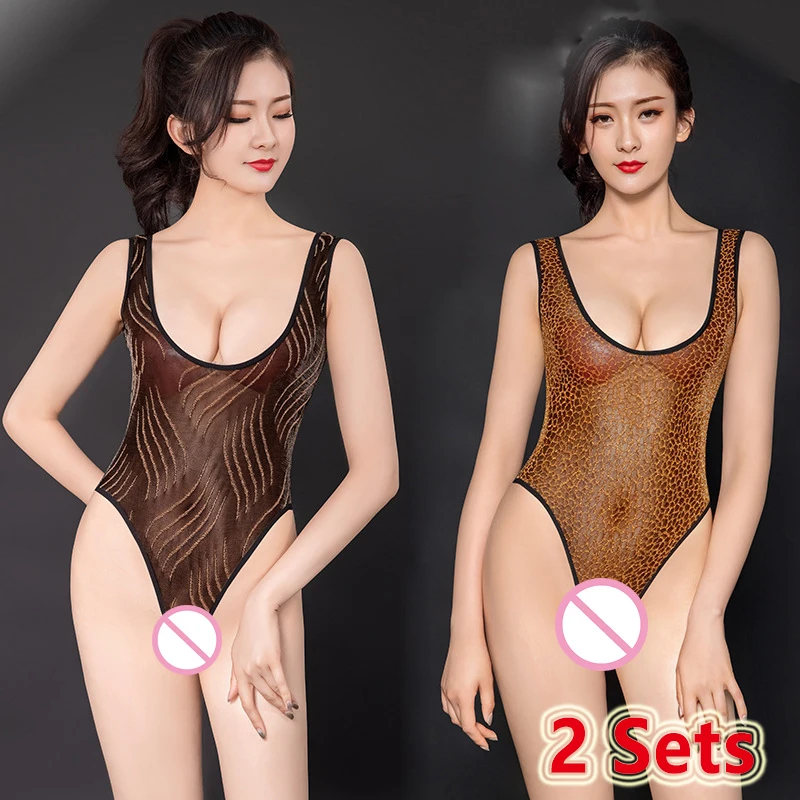 

Sexy Tight Fitting High Elasticity Jumpsuit Crotehless Transparent Leopard Print Golden Gauze Suspender Bodysuit 2 Sets