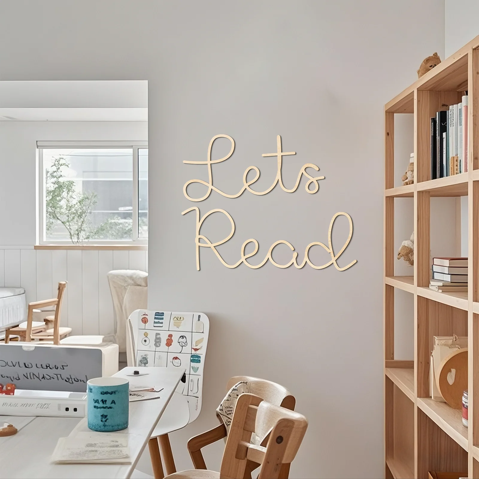 Let's Read Targa da parete in legno - Decorazione per la cameretta dei bambini, angolo di lettura, decorazione in legno naturale a tema libro di fiabe (9,9x25,9 cm)