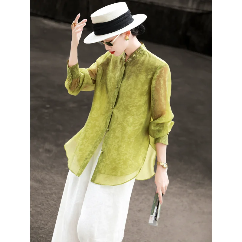 MEXCOCO  2026Spring new style elegant Chinese-style long-sleeve stand-collar embroidered jacquard shirt top