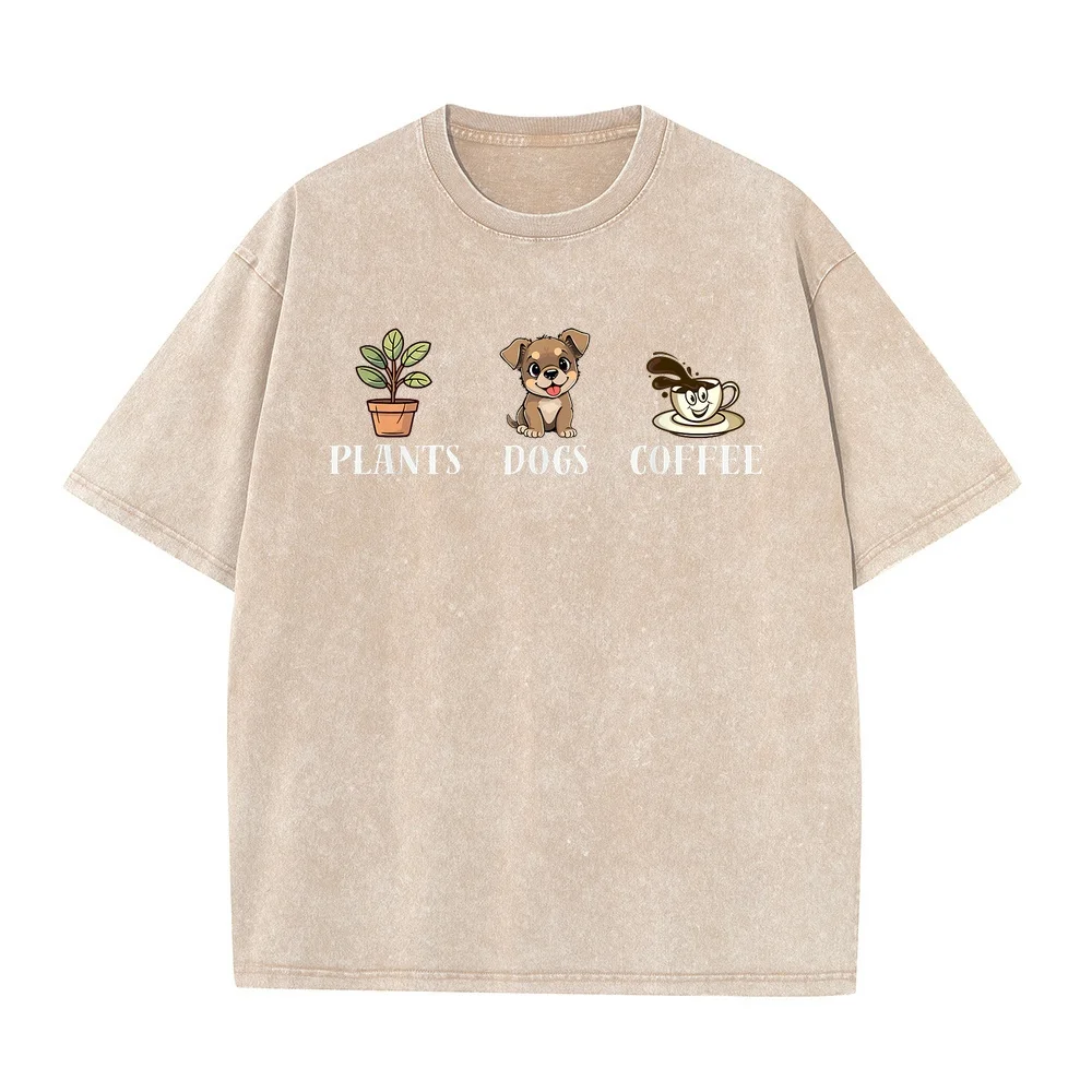 Plants Dogs Coffee Cute Minimal Aesthetic Illustration T-Shirt Camiseta Masculina Gift Cotton Top Short Sleeve Pet Owner