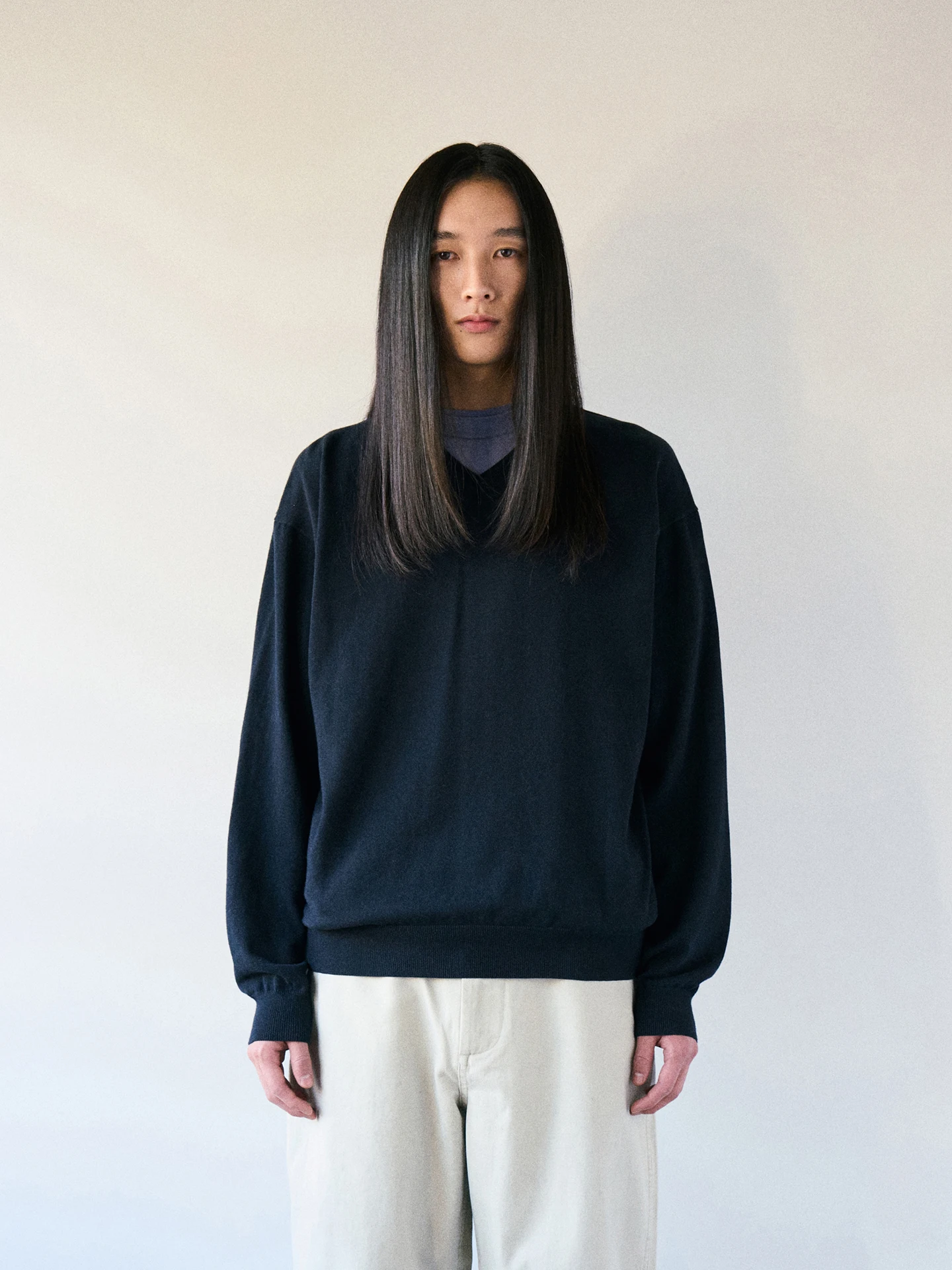 

Soft Pure Cotton V-Neck Knitted Sweater 7 Needle Density Thin Partimento Washed Casual Fashion Spring Autumn Men's Sweater