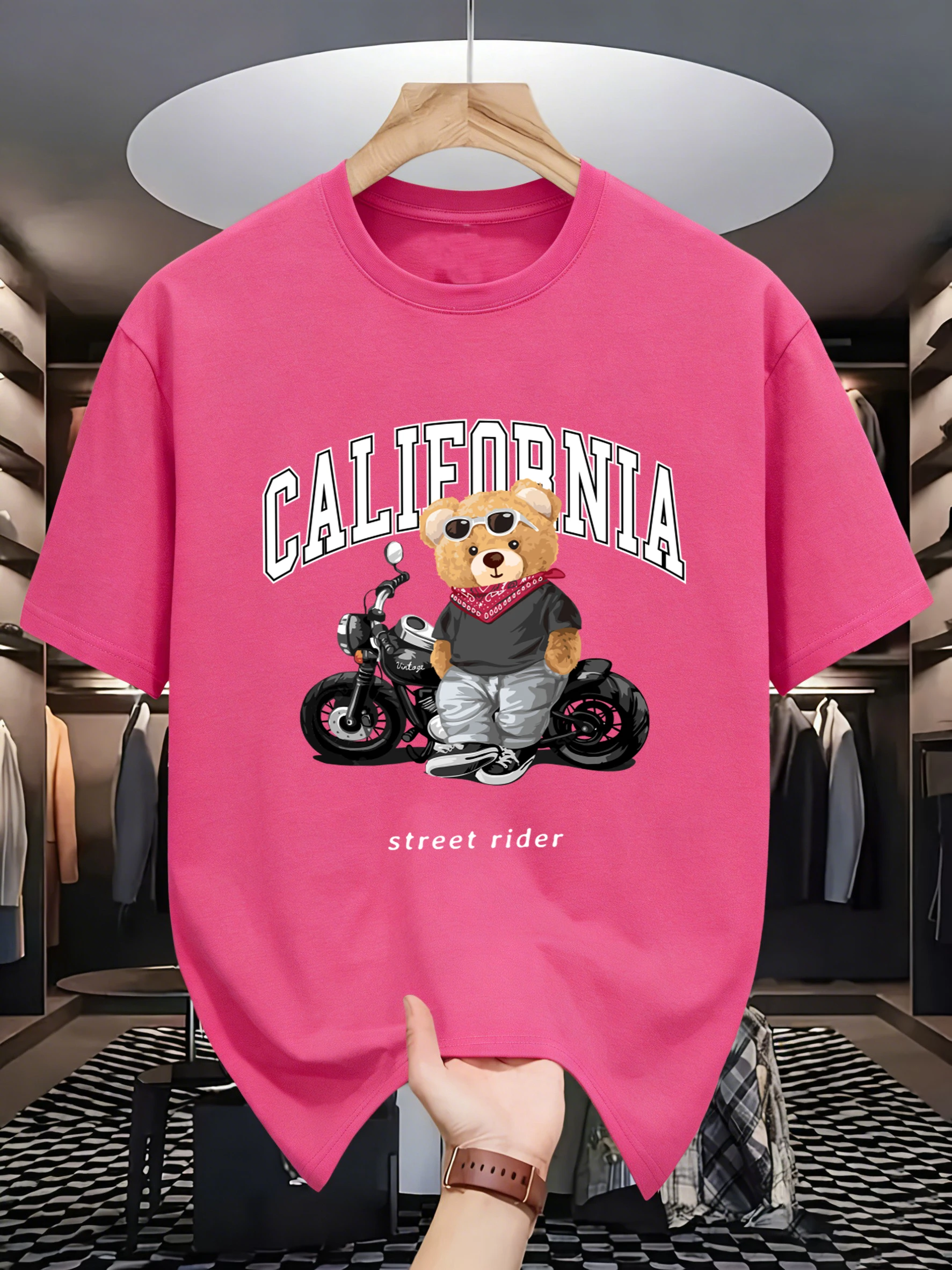 California Motorcycle Riding Bear Bedrucktes T-Shirt Hip-Hop All-Match Herren T-Shirts Y2K Baumwollkleidung O-Ausschnitt Loose Fit Streetwear