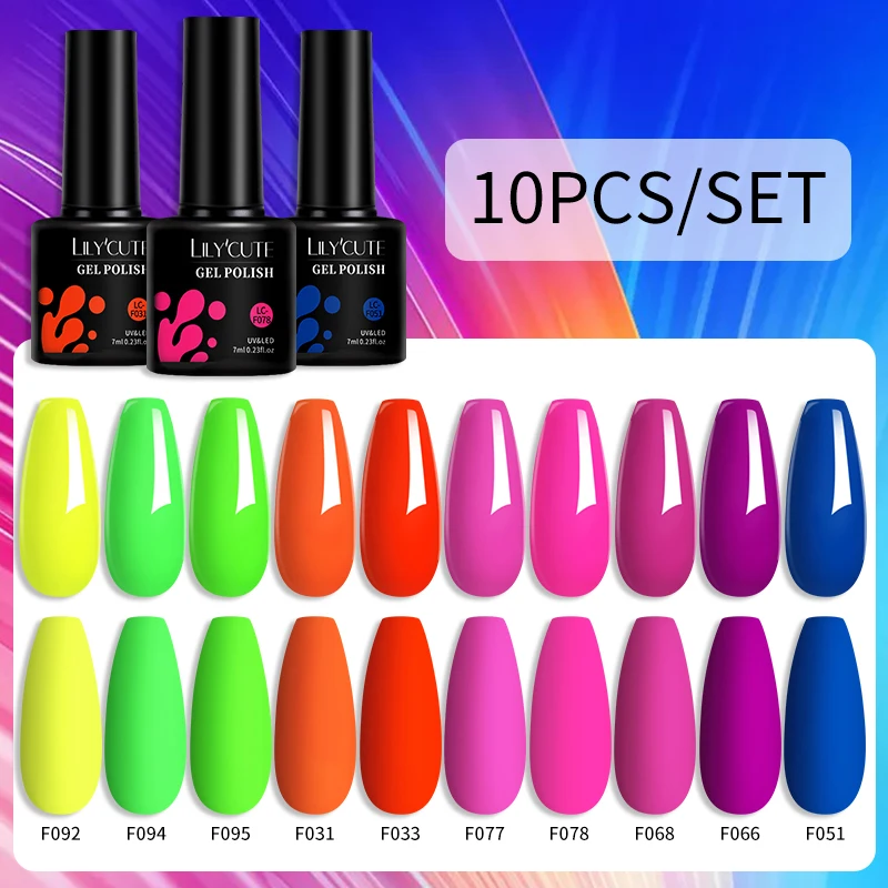 LILYCUTE 10Pcs/Set Color Nail Polish Gel Set Summer Neon Gel Polish Kit Semi Permanent Soak Off UV LED Gel Varnish Manicure Set