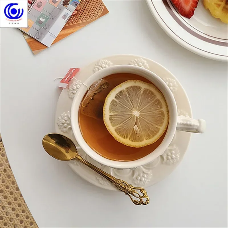 Art sense retro ceramic coffee cup and saucer set relief cup exquisite afternoon tea tea set
