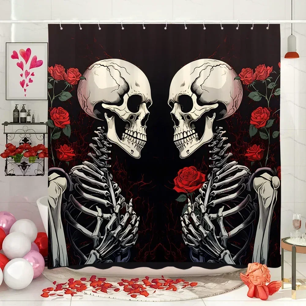 Valentine\'s Day Shower Curtain Roses Love Skulls Eternal  Theme Spanish Art Fabric Bathroom Decoration