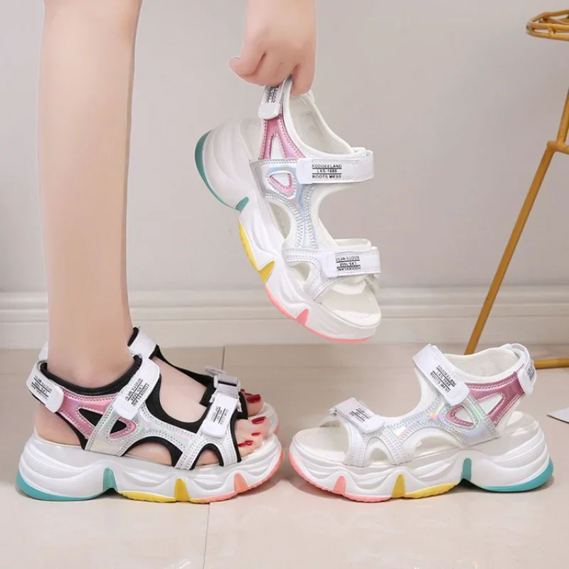 Platform Sandals Female Summer 2023 Women Thick Bottom Rainbow Sole Hook & Loop Shoe Wedge with Open Toe Platform Shoes