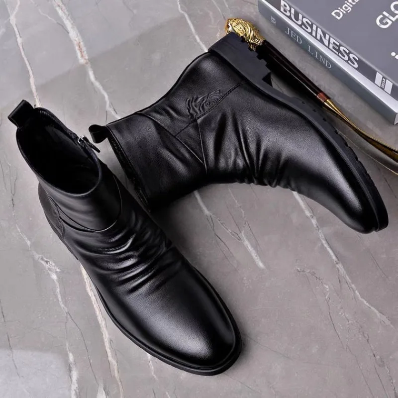 Ankle Boots Genuine Leather Winter Mens Folded Shoes Zipper 2024 Fashion Sneakers Antiskid Keep Warm Calfskin Shoes