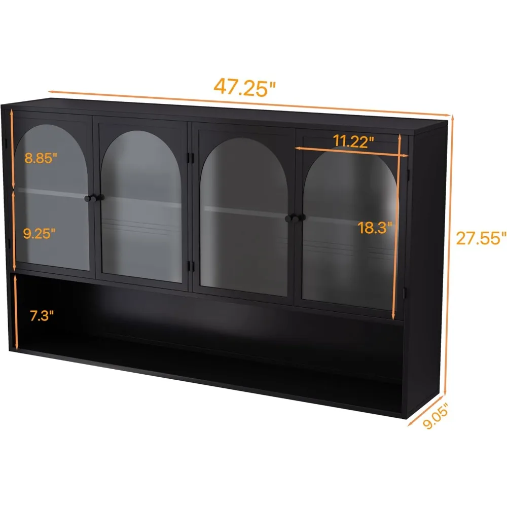 خزانة من الزجاج المقسى مثبتة على الحائط، 47 تخزين حمام لغرفة المعيشة مع 4 أبواب ورفوف #2