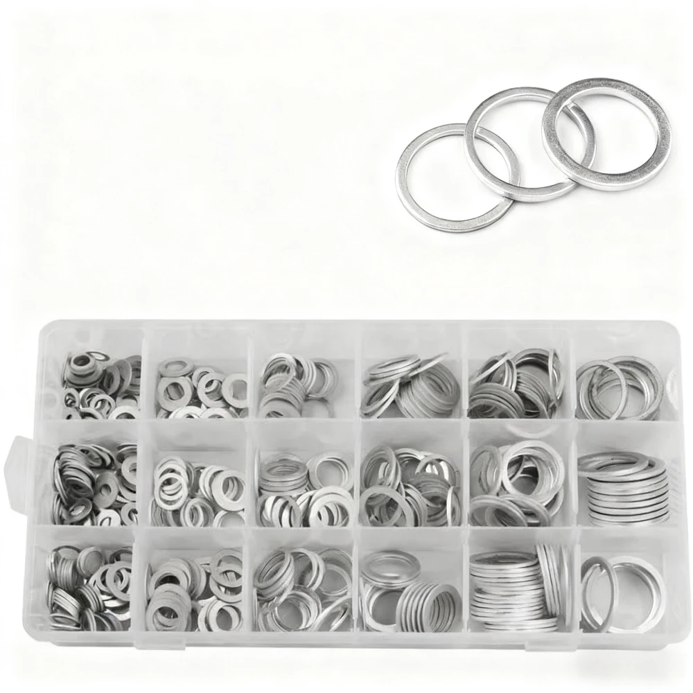 200 szt. Uszczelek korka spustowego oleju, białe podkładki płaskie ze stopu aluminium, podkładki tłoczone, pierścienie uszczelniające, zestaw asortymentowy M5 M6 M8 M10 M12 M14