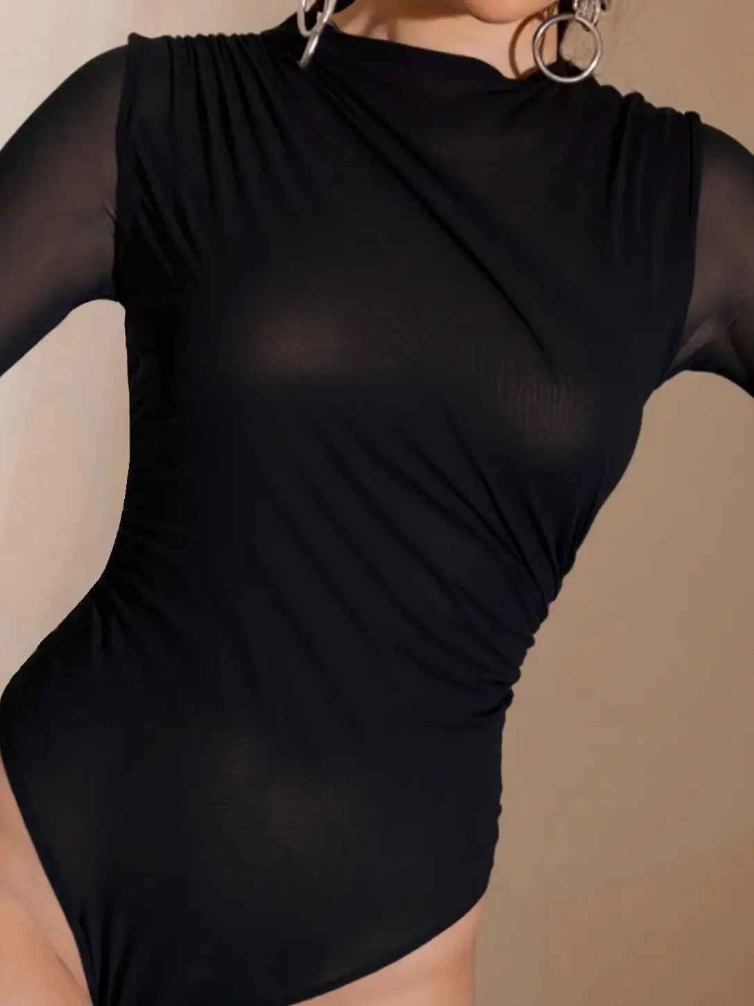 Sexy Long Sleeve Bodysuit Women 2026 New Autumn Black Mesh Patchwork O Neck Bodysuits