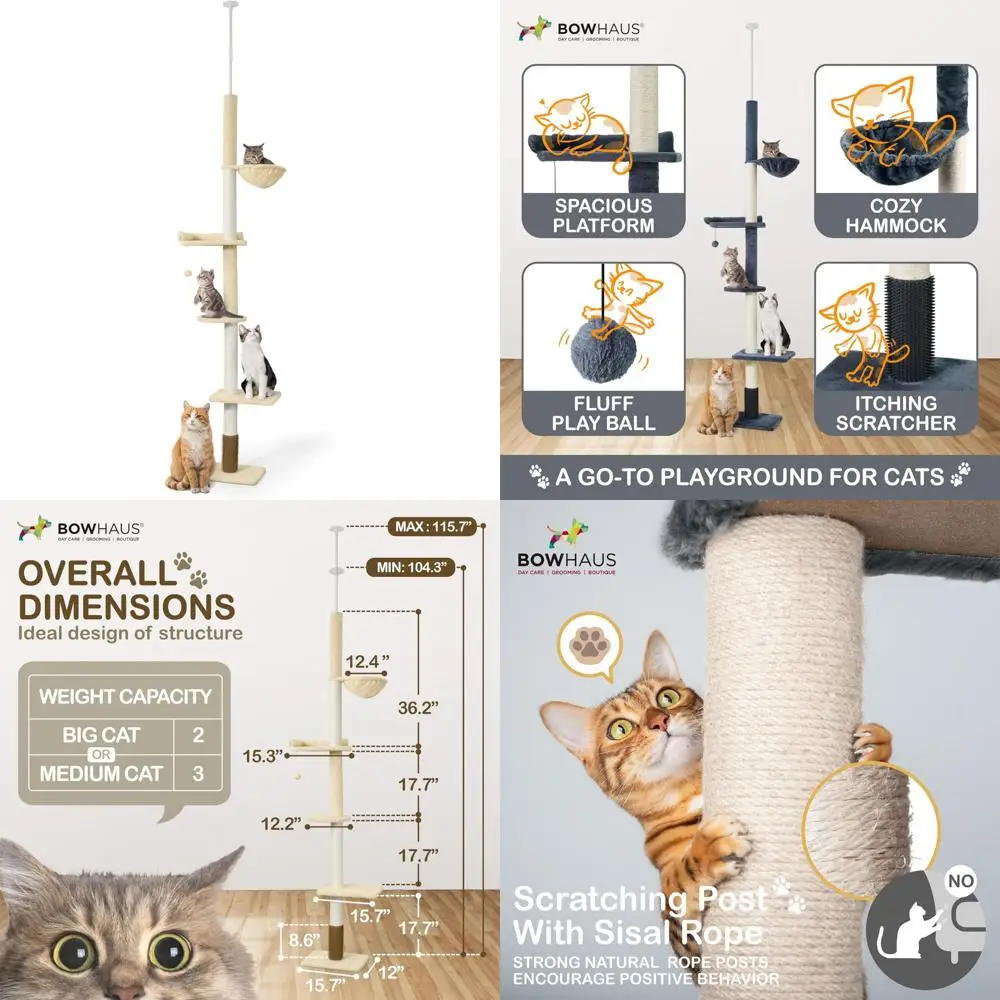 

Кошачье дерево с регулируемой высотой: 104-115 дюймов, многоуровневая альпинистская башня с когтеточком, гамаком и интерактивными функциями